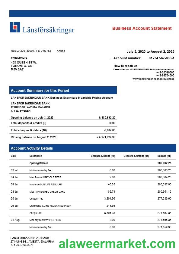 Lansforsakrigar Bank company checking account statement Word and PDF template